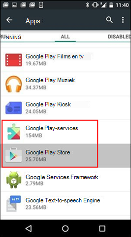Knop Cache wissen van Google Play Store-app