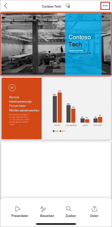 Schermopname van de mobiele Gebruikersinterface van PowerPoint, met de menuknop Meer opties gemarkeerd.
