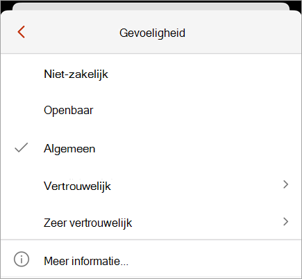Schermopname van het gevoeligheidsmenu met beschikbare vertrouwelijkheidslabels.