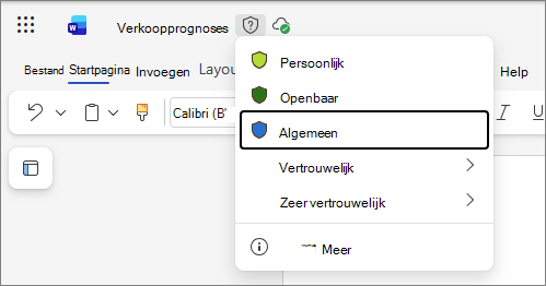 Vervolgkeuzelijst met vertrouwelijkheidslabels in webversie van Office, met behulp van een Word-document als voorbeeld en standaardlabelnamen