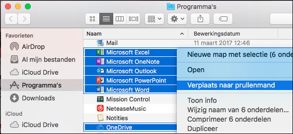 De Office-apps verplaatsen naar de prullenbak