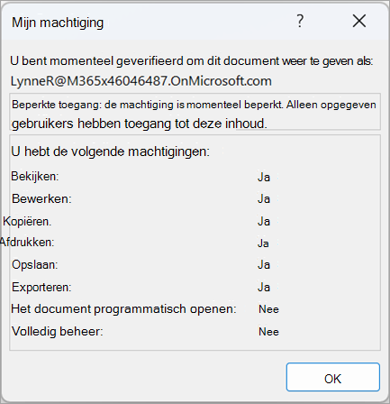 Schermopname van een dialoogvenster met gebruikersmachtigingen
