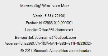 Schermafbeelding van de pagina Over Word in Word voor Mac