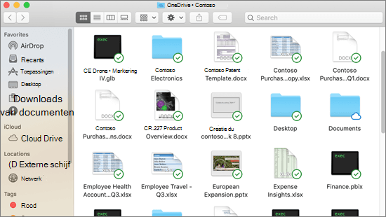 Schermafbeelding van Finder-integratie op een Mac met synchronisatieoverlays voor gesynchroniseerde bestanden