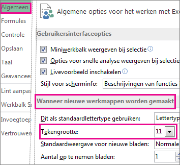 Opties in het dialoogvenster Algemeen