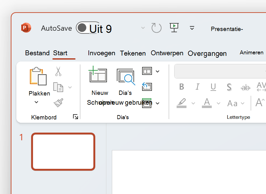 Schermafbeelding van de linkerbovenhoek van PowerPoint in het thema Wit.