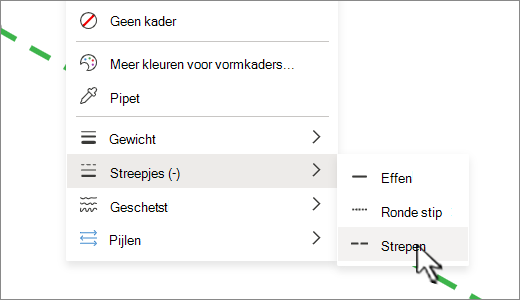 Op het tabblad Vorm, onder Omtrek van vorm, kunt u een ononderbroken lijn wijzigen in stippellijn of stippellijn.