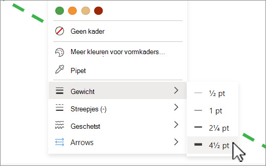 Op het tabblad Vorm, onder Omtrek van vorm, kunt u de opties Voor gewicht gebruiken om de dikte van de geselecteerde lijn te wijzigen.