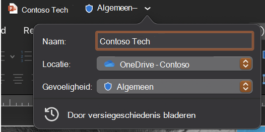 Uitgevouwen vervolgkeuzelijst titelbalk met de bestandsnaam, locatie en gevoeligheid.