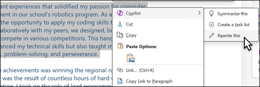 Bepaalde tekst geselecteerd in OneNote. Het contextmenu wordt weergegeven, waarbij Copilot is geselecteerd en Dit opnieuw schrijven is geselecteerd in het submenu.