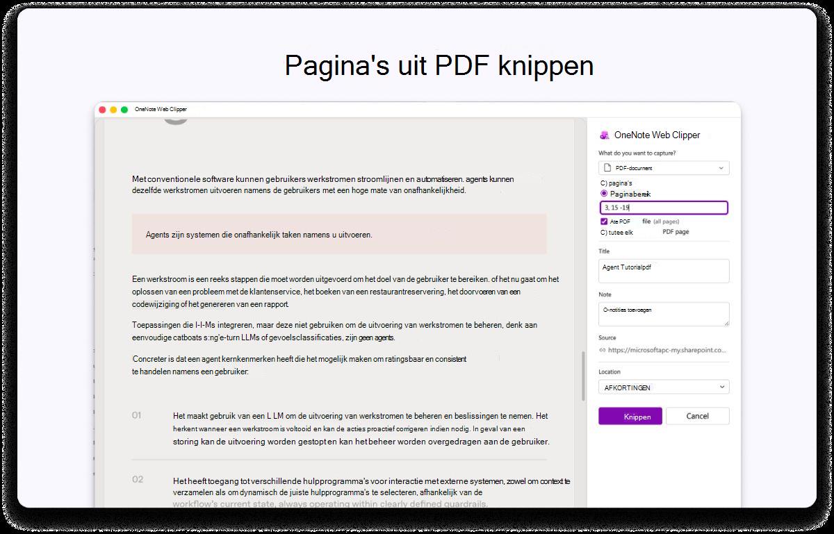 Schermopname van een PDF-pagina met een zijpaneel voor instellingen. In de tekst bovenaan staat dat u pagina's uit PDF wilt knippen.