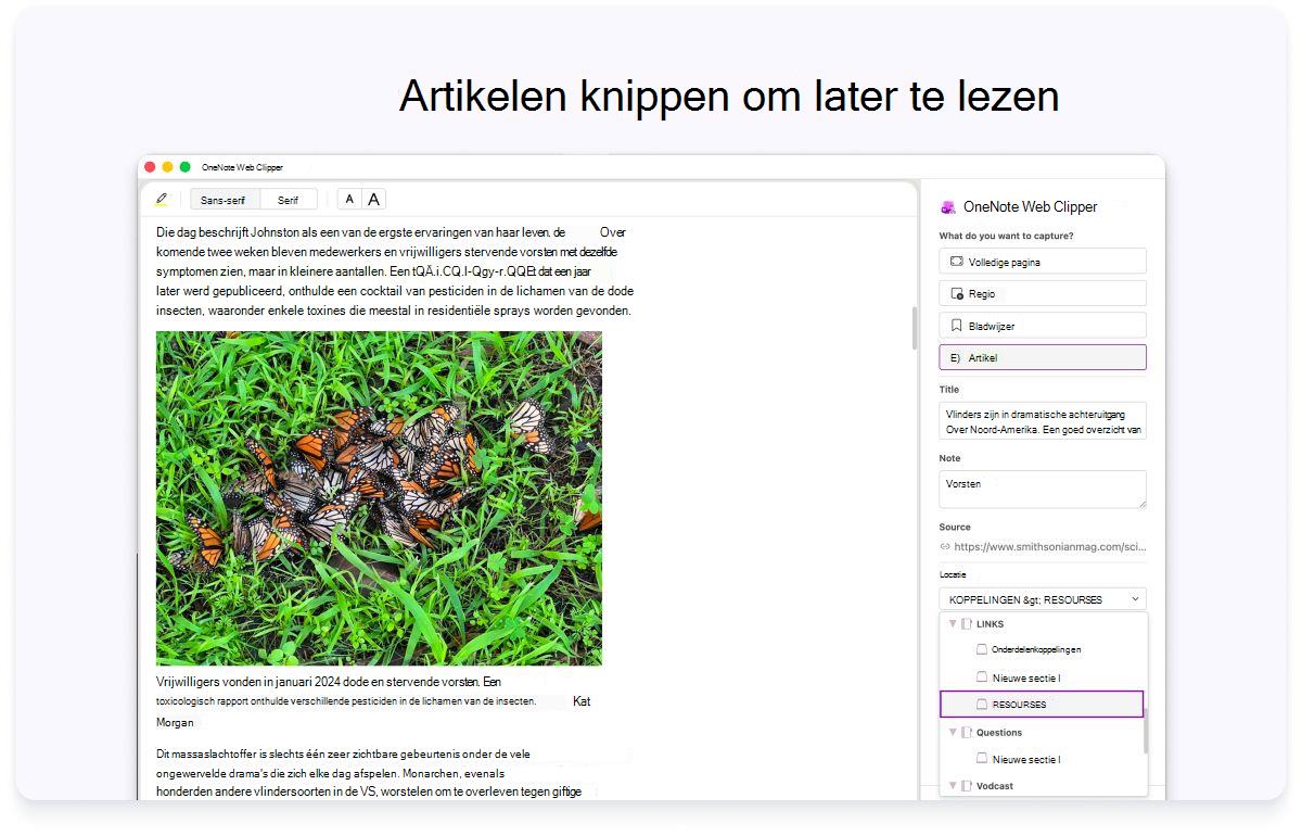 Schermopname van een webpagina met een zijpaneel voor instellingen. Tekst bovenaan zegt dat u artikelen wilt knippen om later te lezen.