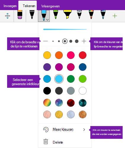 Opties voor de breedte en kleur van inktstreken in OneNote voor Windows 10