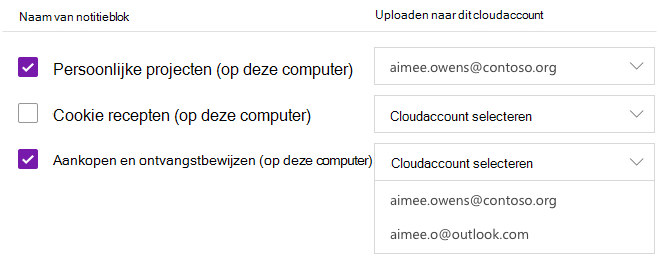 Geselecteerde notitieblokken die moeten worden geüpload naar een cloudaccount