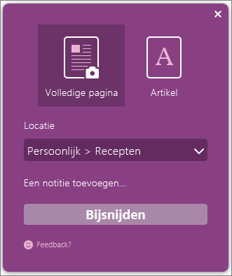 Schermafbeelding van het dialoogvenster OneNote Clipper.