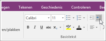 Schermafbeelding van de knop Inspringing vergroten in OneNote 2016.