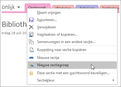 Schermafbeelding van het maken van een nieuwe sectiegroep in OneNote 2016.