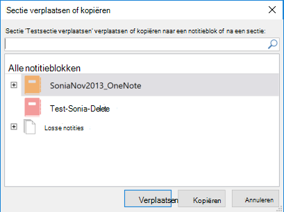 Dialoogvenster Sectie verplaatsen of kopiëren in OneNote voor Windows 2016