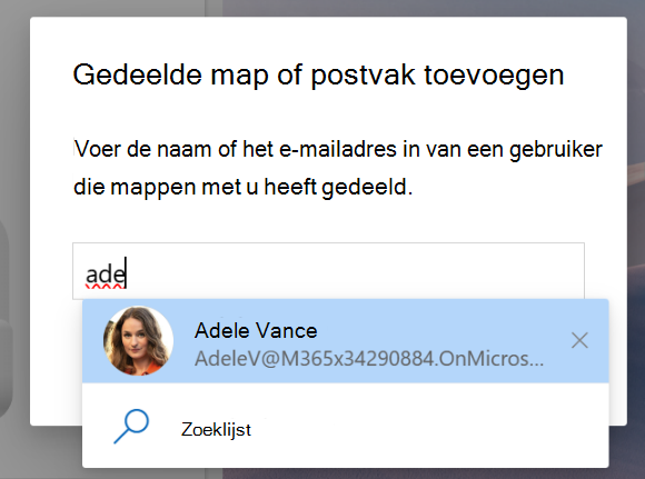Schermopname van Gedeeld met mij om een gedeelde map of een gedeeld postvak toe te voegen