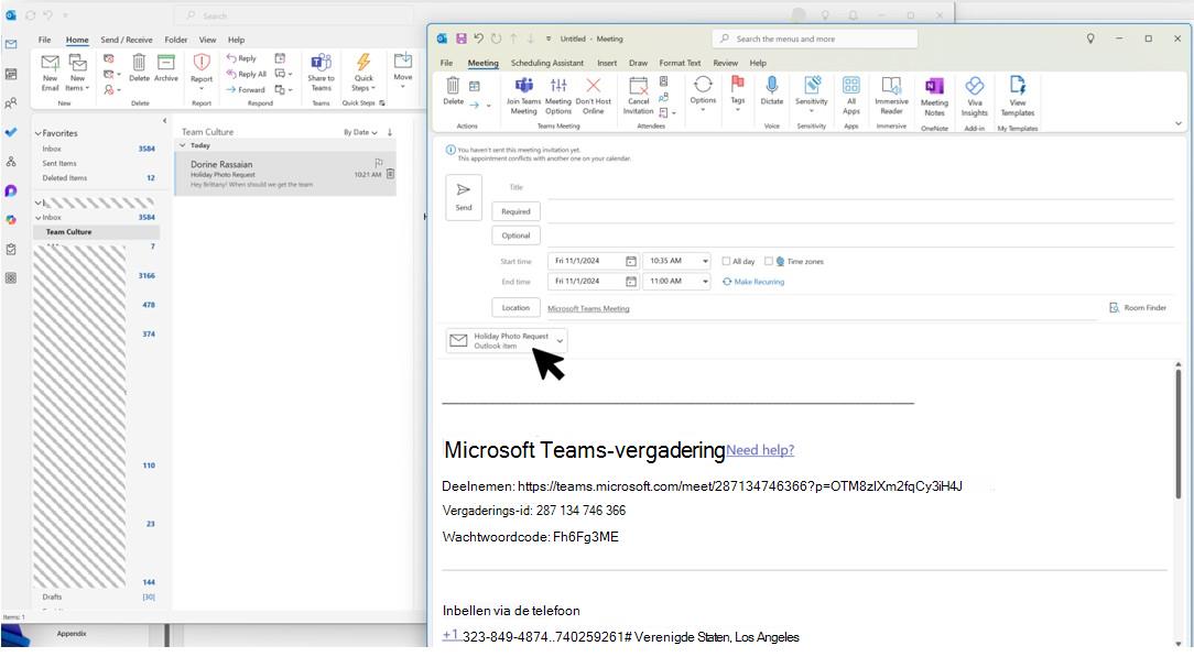 Schermopname van e-mailberichten en bijlagen slepen en neerzetten in de agendaruimte