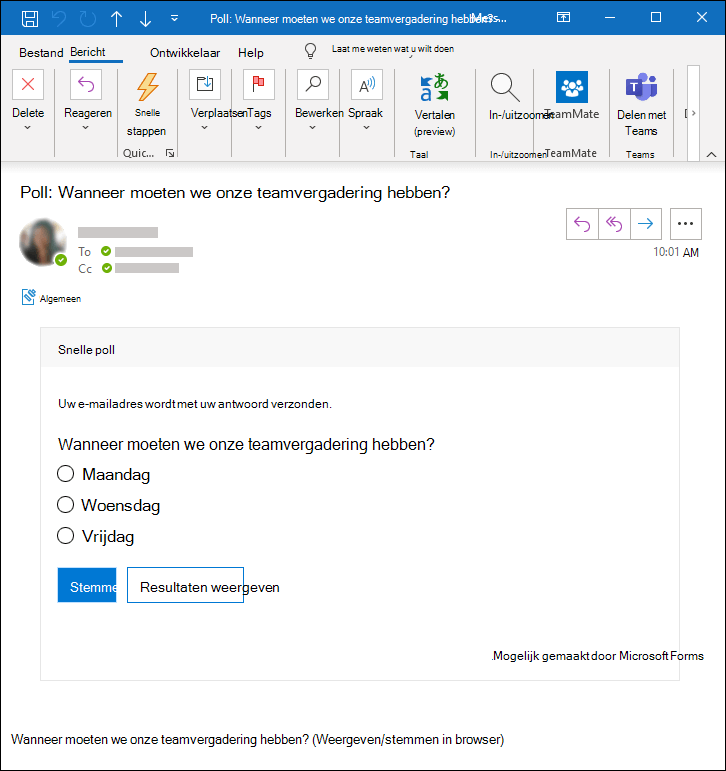 Microsoft Forms poll in een Outlook-e-mailbericht