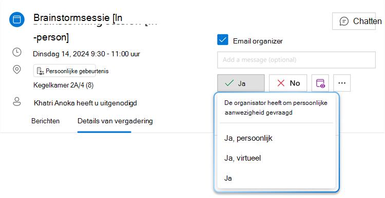 Afbeelding van de hybride RSVP-menuknop voor Ja met de vervolgkeuzelijst uitgevouwen, waar u drie verschillende opties kunt zien: Ja, persoonlijk, Ja, virtueel en Ja.