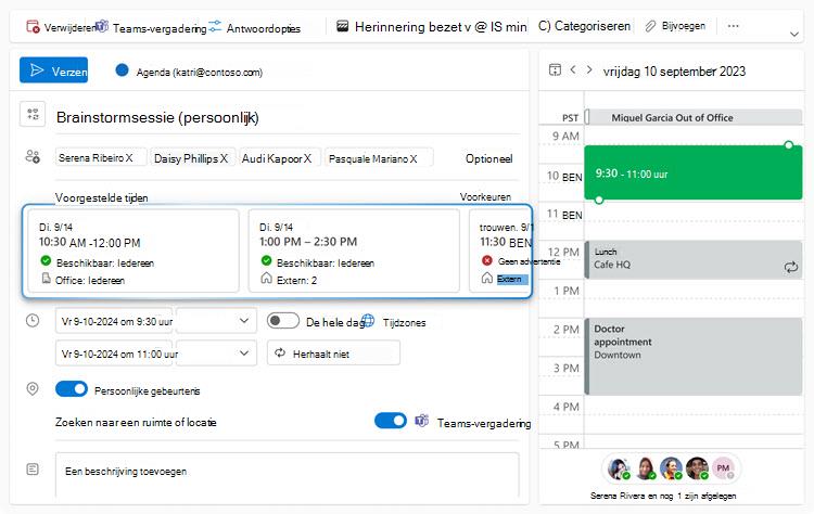 In de afbeelding ziet u het formulier voor het maken van een gebeurtenis voor een vergadering die de organisator probeert te plannen. De organisator heeft de wisselknop persoonlijk geselecteerd. Zo ziet u in de sectie Voorgestelde tijden drie verschillende voorgestelde tijdkaarten, waarvan de eerste twee tijdslots zijn waarin iedereen de vergadering persoonlijk kan bijwonen.
