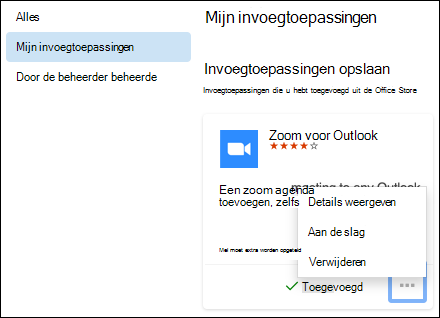Het menu Mijn invoegtoepassingen in Outlook voor Mac.