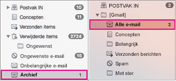 Weergave naast elkaar van de mappenlijst van Exchange en Gmail, met de archiefmappen gemarkeerd