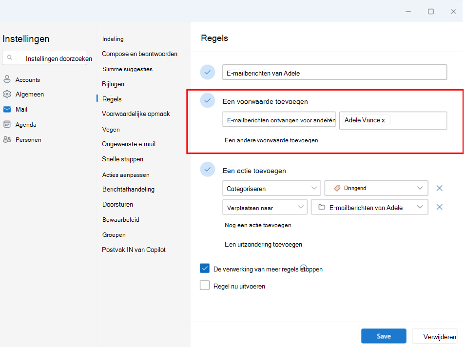 Schermopname van het instellen van een regel voor Email ontvangen voor anderen voor het account van leidinggevenden