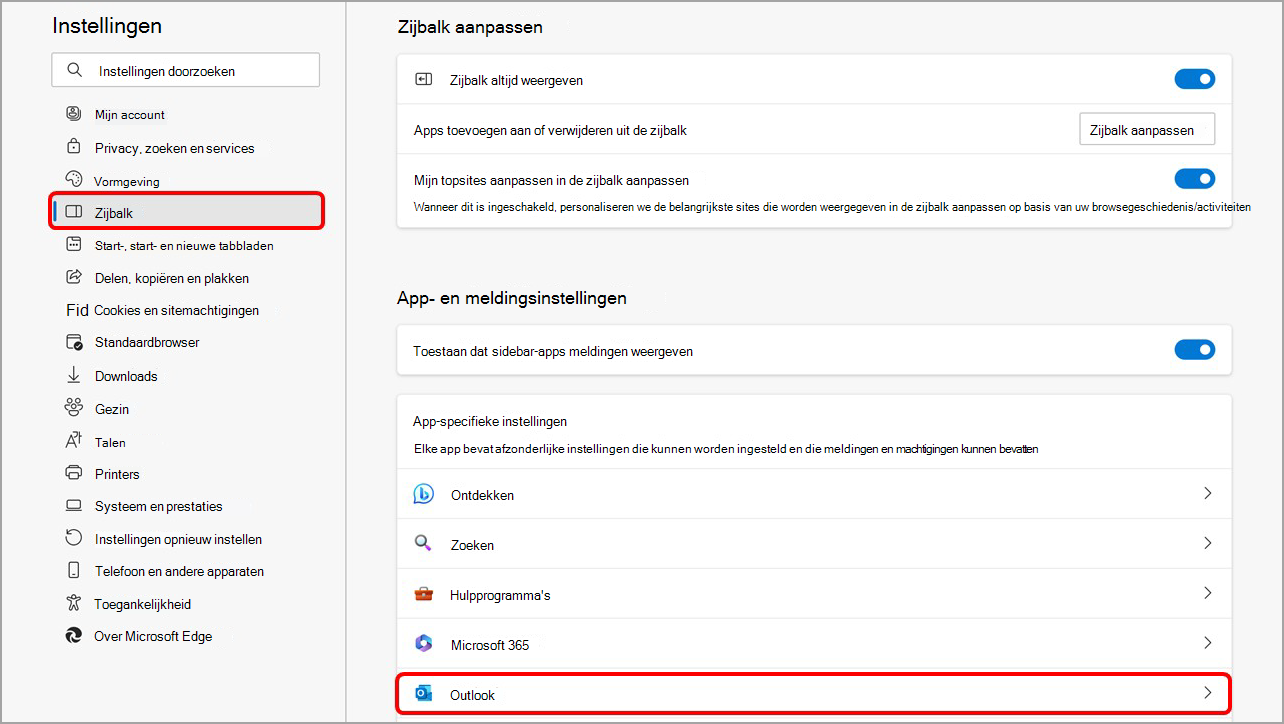 Pas uw Microsoft Edge Sidebar aan vanaf de pagina Sidebar-instellingen.