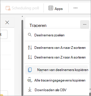 Schermopname van het deelvenster Bijhouden in het nieuwe Outlook met vervolgkeuzelijsten voor het kopiëren van de deelnemerslijst