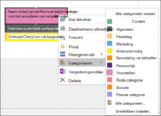 U kunt met de rechtermuisknop op een afspraak klikken en een categorie toewijzen.