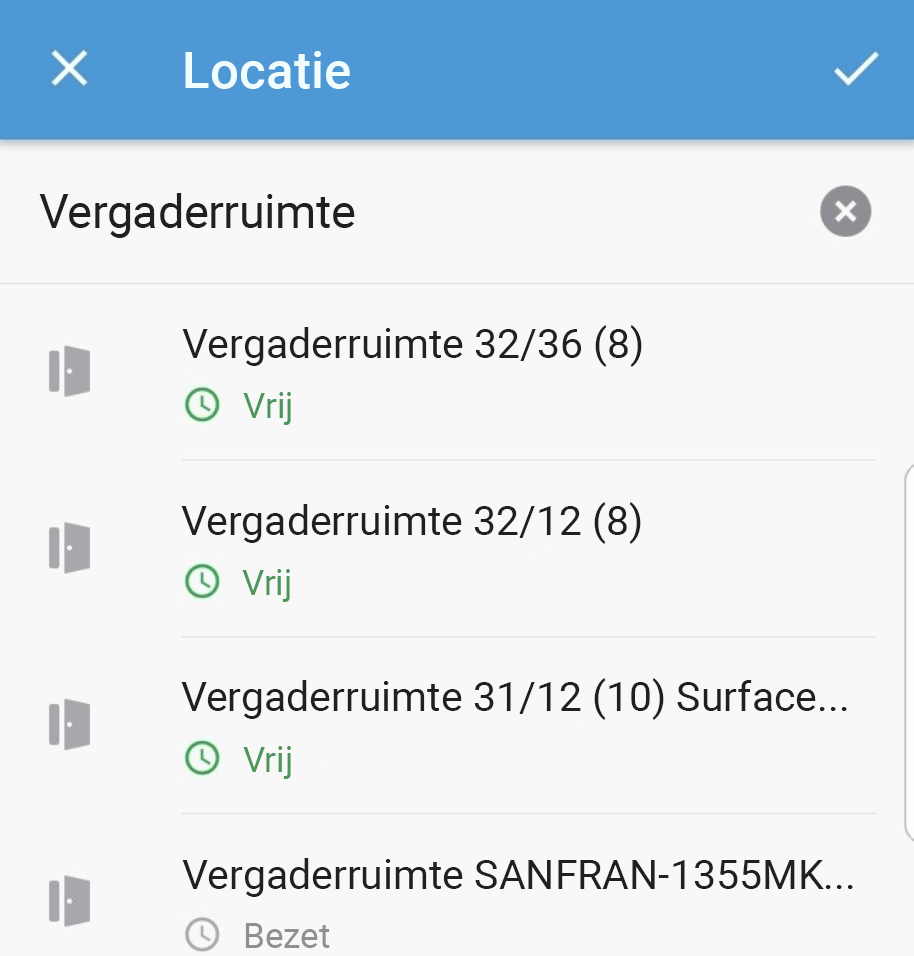 U kunt kiezen uit een lijst met onlangs gebruikte vergaderruimten of locaties