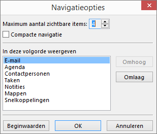 Dialoogvenster Navigatieopties van werkbalk Snelle toegang
