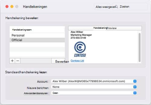 Outlook voor Mac venster Standaardhandtekeningen
