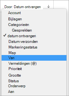Toont het selecteren van Van in het menu Op