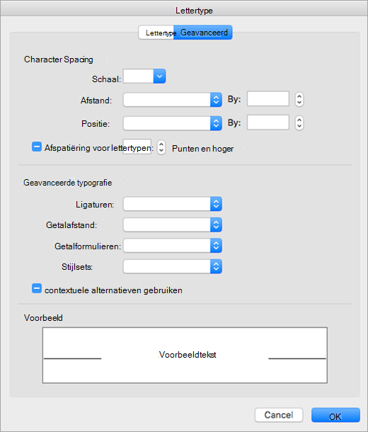 Toont het tabblad Geavanceerd in het dialoogvenster Lettertype