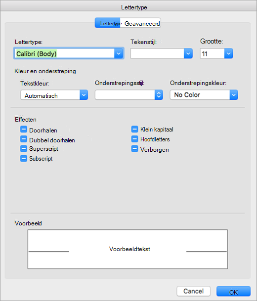 Toont het tabblad Lettertype in het dialoogvenster Lettertype