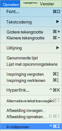 Toont het selecteren van Zoom in het menu Opmaak