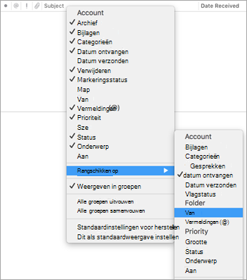 Toont het menu Schikken op dat wordt geopend vanuit de berichtkop
