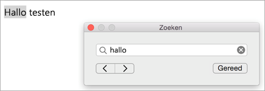 Toont zoekresultaten in het dialoogvenster Zoeken en het eerste exemplaar van de zoekterm gemarkeerd in het Outlook-item