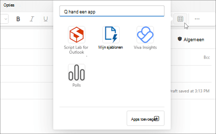 Het flyoutmenu Apps vanaf het lint van een bericht dat wordt samengesteld in webversie van Outlook en in de nieuwe Outlook voor Windows.