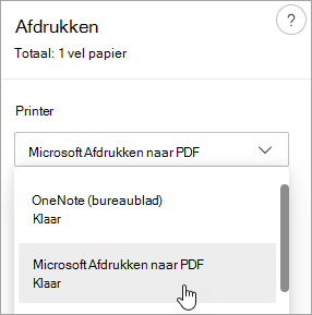 Schermopname van Microsoft Print to PDF-selectie
