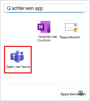 Selecteer Delen met Teams om een e-mail in Outlook te delen met Teams.