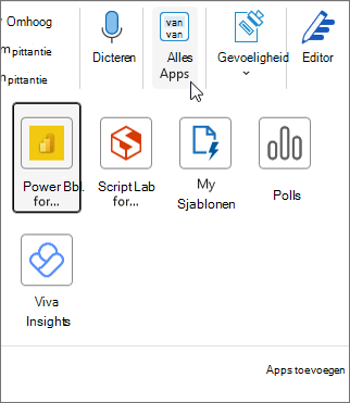 Het flyoutmenu Alle apps in Outlook voor Windows.
