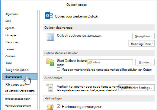 Outlook-opties met Geavanceerd geselecteerd