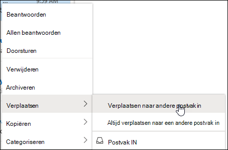 Een schermopname toont het snelmenu met de opties voor Verplaatsen naar Ander Postvak IN en Altijd verplaatsen naar Ander Postvak IN.
