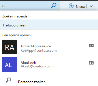 Agendazoeklijst die wordt weergegeven wanneer u iets typt in het zoekvak van Agenda, en overeenkomt met een naam in uw lijst met contactpersonen of directory.
