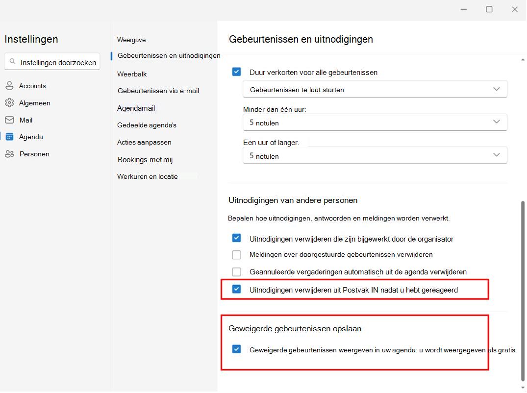 Schermopname van het behouden van geweigerde vergaderingen in de agenda